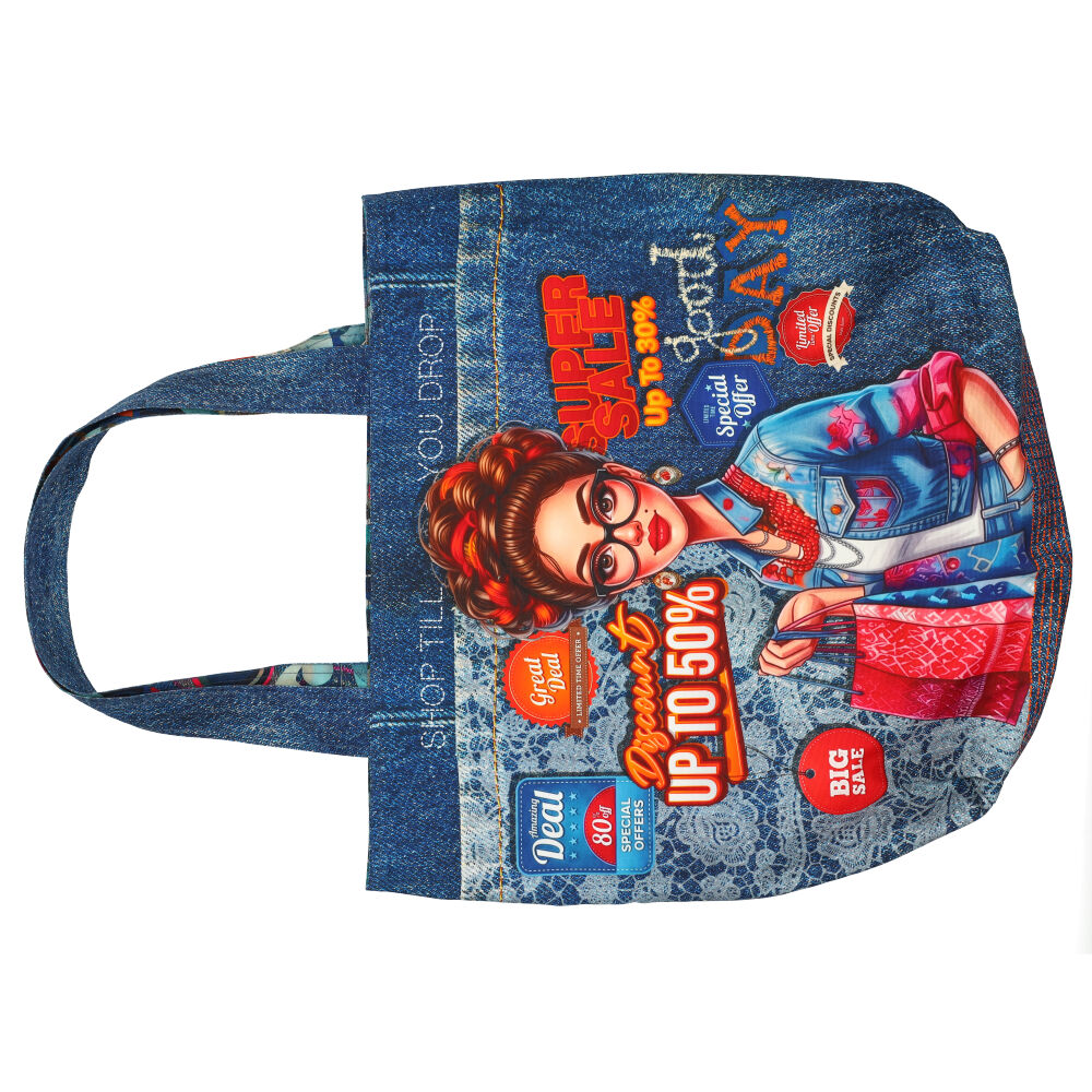 denim, tote bag, graphic print, fashion bag, reusable bag