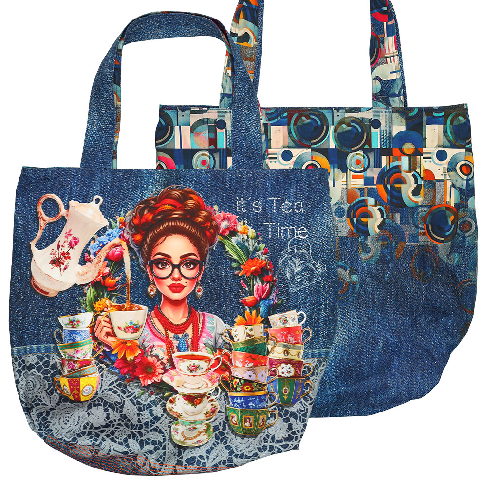 tote bag, print, denim, tea time, cups