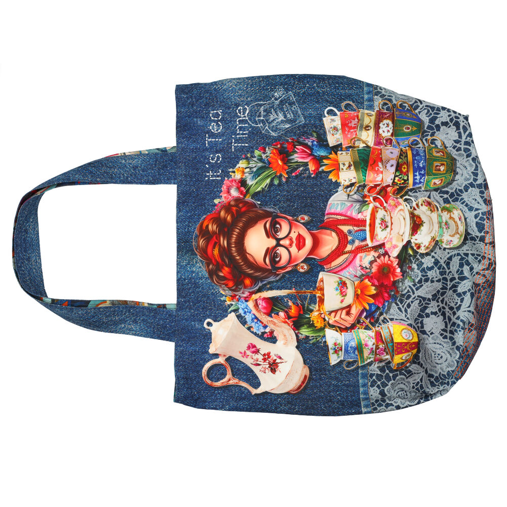 tote bag, canvas bag, denim look, frida kahlo style, teacup pattern