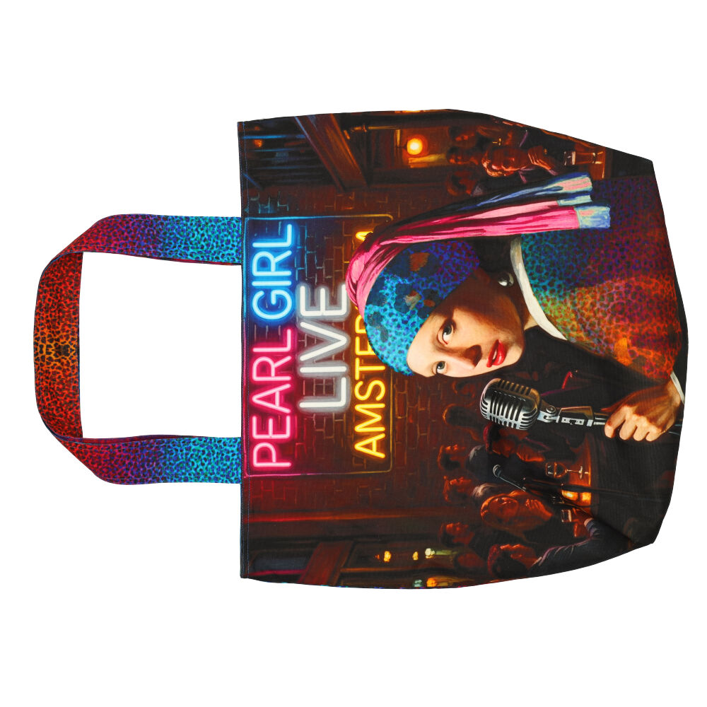tote bag, face girl, neon lights, microphone, concert theme