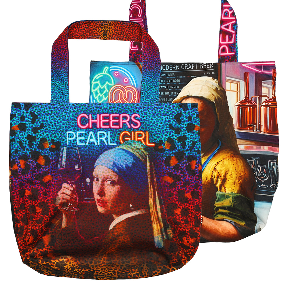 tote bag, neon print, artistic design, graphic bag, Cheers Pearl Girl